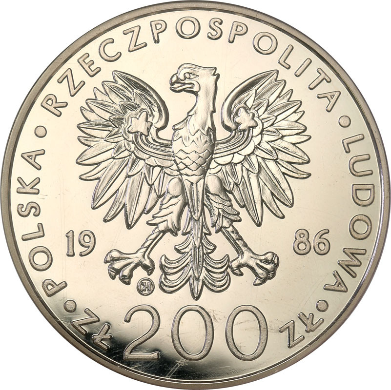 PRL. 200 złotych 1986 Papież Jan Paweł II stempel zwykły GCN MS69